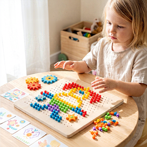 Gioco <span class=keywords><strong>Puzzle</strong></span> Mosaico con Chiodini a Forma di Fungo, Giocattolo Educativo Montessori in Legno per Abbinamento Modelli e Motricità Fine, con Chiodini Colorati - Product Image 2