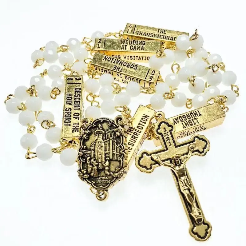 Rosário de vidro branco de 6mm, rosário, colar com antiguidade, centro de fátima de ouro e jesus cruz
