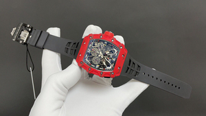 Luxury <b>Red</b> Forged Carbon Tonneau Skeleton Watch Black Rubber Strap with Exposed Movement - Product Image 2
