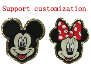 Custom Mouse Head With Glitter Border Full Pearl Beading Adhesive Patches Chenille Embroidery Iron For Leather Bags