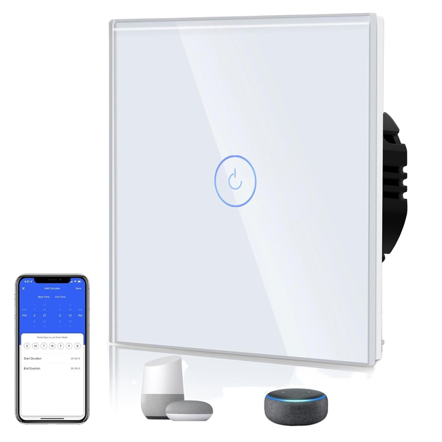 ETTEVIG 1-Gang 1-Way White Smart Wi-Fi Touch  Light Switch Crystal Glass Plate Works Alexa Google Home Via for for Office