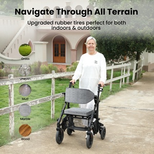 Chaise de transport et déambulateur tout-terrain 2 en 1 pour personnes âgées, aide à la mobilité pliable avec siège et repose-pieds - Product Image 2
