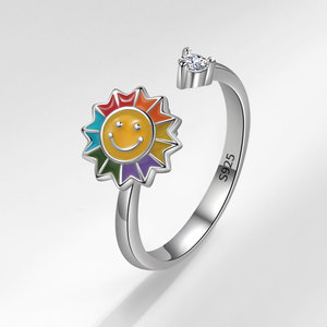 Anillo giratorio antiestrés de cobre con baño de rodio, diseño de flor, esmaltado de colores, joyería para mujer - Product Image 6