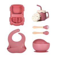 Nouvelle Tendance : Ensemble de Vaisselle pour Enfants – Assiette à Compartiments en Silicone, Cuillère-fourchette, Récipient à Collation, Bavoir et Tasse à Eau pour Bébé
