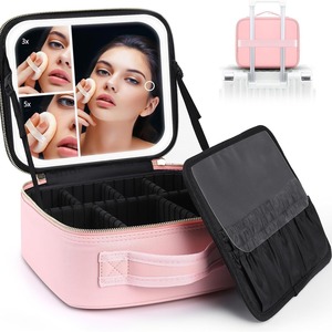 Organizador de maquillaje con espejo LED, estuche de cosméticos de viaje de gran capacidad para mujer, almacenamiento en el hogar, color rosa - Product Image 1