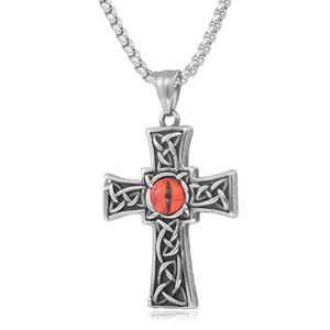 yunnique <b>Cross</b> Stainless Steel Pendant With Red Eye Inlay For Men And Women 60Cm <b>Chain</b> Geometric Design - Product Image 1