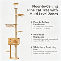 Arbre à chat en pin de 260 cm du sol au plafond avec condo, hamac, capsule et poteaux à gratter en sisal pour usage intérieur multi-chats