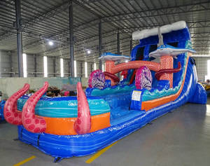 Structure gonflable commerciale en PVC <span class=keywords><strong>de</strong></span> 33 pieds, combo château gonflable et toboggan aquatique tropical marbré avec piscine, pour adultes, en promotion - Product Image 1