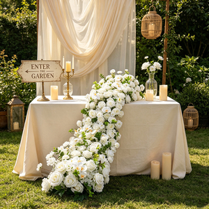 Modern Custom New Wedding Decor White Silk Artificial Rose Flowers <b>Table</b> <b>Runner</b> <b>Table</b> Centerpiece and Aisle Floral <b>Runner</b> - Product Image 1