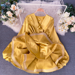 Nuovo stile primavera <span class=keywords><strong>donna</strong></span> francese abito Vintage da <span class=keywords><strong>donna</strong></span> elegante da sera primavera scollo a V manica sottile con volant abiti da vacanza - Product Image 3