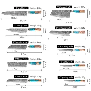 طقم سكاكين فاخرة مكونة من 10 قطع من الزركونيا الزرقاء بمقبض من الراتنج للشيف الياباني مصنوعة من الفولاذ الدمشقي للمطبخ
