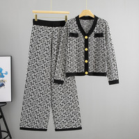 Ensemble deux pièces pour femme, cardigan ample en tricot anti-rides à motifs géométriques, tendance automne-hiver + pantalon large décontracté