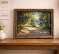 Tableau mural sur toile Paysage Impressionniste Forêt et Rivière, encadré or vintage, Décoration Nature, Échantillons OEM ODM prêts en moins d'une journée