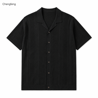 T-shirt en tricot pour homme à texture verticale mixte, col campagnard, manches courtes, boutonné