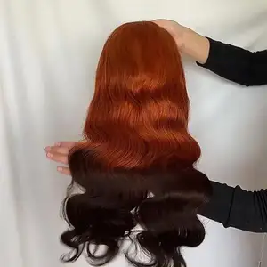 Wig jahit rambut manusia warna lurus alami untuk wanita bergelombang hitam rambut manusia renda Wig dengan Bang