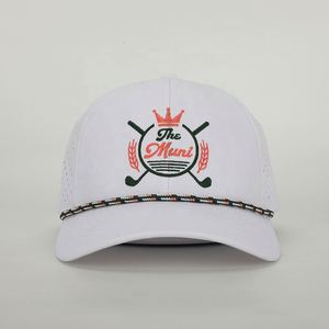 Wholesale Custom Embroidery Logo 6 Panel <b>White</b> Polyester Performance Sport Dad <b>Hat</b> Laser Cut Hole Golf Gorras Rope Baseball Cap - Product Image 2