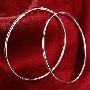 100% 925 Sterling Silver 50/40/30/20Mm Bulat Besar Lingkaran Wanita Anting-Anting Besar Hoop Anting-Anting untuk Wanita