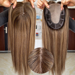 Topper de cheveux humains vierges bruts européens brun balayage, invisible, base en soie 6.5X7, trame complète, cuticules alignées, fournisseur de cheveux - Product Image 1