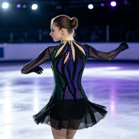 Robe de patinage artistique noire, verte et violette, col montant, manches longues en maille, jupe ornée de strass pour enfants et adultes, compétition et performance