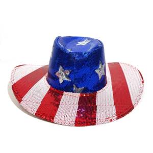 Festa dell'indipendenza americana festa nazionale cappello con bandiera da Cowboy per <span class=keywords><strong>Amazon</strong></span> rosso bianco paillettes a strisce in rilievo pentagramma estivo - Product Image 3