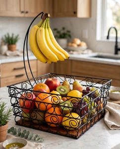 Corbeille à fruits carrée écologique en fil métallique avec support pour bananes et base en bois de manguier, noir, pour comptoir de cuisine - Product Image 4