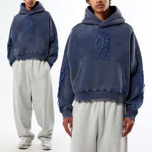 KingSen OEM <b>Men's</b> Vintage Washed Boxy Cropped <b>Pullover</b> Hoodie Oversized Heavyweight Cotton Distressed Applique Studs Streetwear - Product Image 1
