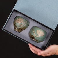 Ensemble de tasses à thé en céramique chinoise avec boîte cadeau, design feuille de lotus dorée, 135 ml, 155 ml, tasses de dégustation