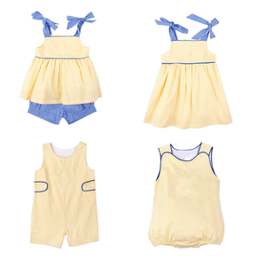 Estate striscia gialla Seersucker bambina Set corto <span class=keywords><strong>per</strong></span> bambini <span class=keywords><strong>vestiti</strong></span> abbinati su misura di cotone bambino vestito <span class=keywords><strong>per</strong></span> le ragazze - Product Image 1