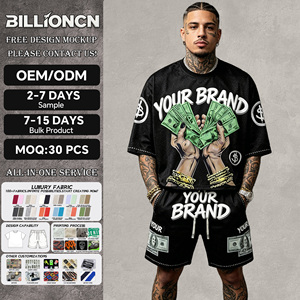 Men's Retro American Super Street Printed T-Shirt Breathable Casual Hip-Hop Style Washed Drill Shorts Suit for Summer - Product Image 1