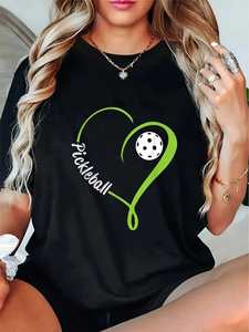 Camiseta Casual de Manga Corta para Mujer con Diseño de Corazón de Pickleball, Corte Regular, Cuello Redondo, 100% Algodón Jersey - Product Image 3