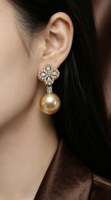 Boucles d'oreilles en argent 925 avec zircon, trèfle à quatre feuilles et perle dorée d'eau de mer