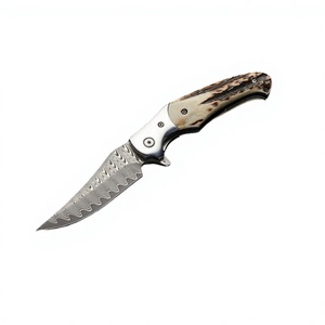 Cuchillo Plegable de Caza de Doble Hoja de Acero de Damasco de Grado Industrial Hecho a Mano con Mango de Madera y Patrón de Hoja Único OEM - Product Image 3