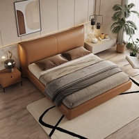 Lit double Queen Size en cuir Nappa pleine fleur souple nordique, véritable cuir de vachette, avec cadre en bois, résistant à l'usure et aux taches