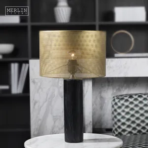 Merlin Lampu Meja Tinggi Keramik Silinder Marmer, Lampu Hias Hitam Modern Ruang Tamu untuk Dekorasi Rumah