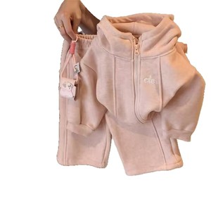 Girls Casual Set Pink Fleece <b>Lined</b> Two Piece With Wide Leg <b>Pants</b> Winter Clothing For Baby Girls - Product Image 5