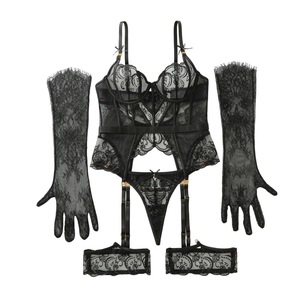 Set Lingerie Sexy 4 Pezzi in Pizzo <span class=keywords><strong>Nero</strong></span> Trasparente con Reggiseno, Reggicalze, Guanti e Mutandine, Bustier Ricamato con Lacci, Etichetta Privata Donna - Product Image 5