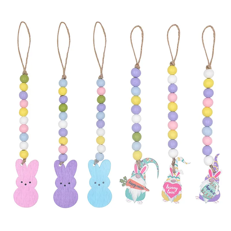 6 Pcs Pasen Hout Bead Garland Pasen Opknoping Ornamenten Met Rustieke Linnen Kwasten En Bunny Tag Kralen Hanger