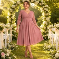 Robe midi grande taille en mousseline 160 GSM, col en V, taille empire, manches en dentelle, coupe trapèze, pour invitée de mariage, personnalisable OEM, tailles 1X-5X