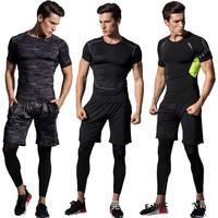 Ensemble de vêtements de sport d'été pour hommes, séchage rapide, compression, trois pièces, tenue de course, vêtements de gym, spandex/polyester, respirant
