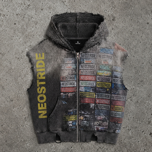 Hoodie <span class=keywords><strong>sans</strong></span> manches pour <span class=keywords><strong>homme</strong></span> avec détails effilochés, bords bruts, effet vieilli, motifs multi-étiquettes, et Hoodie zippé personnalisé en tricot gaufré pour <span class=keywords><strong>homme</strong></span>, idéal pour l'entraînement - Product Image 1