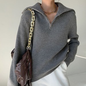 Suéter de punto holgado con cremallera para mujer, colores blanco roto, gris, negro, rosa, caqui, azul, camel, talla única, cuello polo, estilo japonés y coreano - Product Image 2