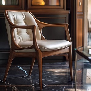 北欧ミニマリスト木製アームチェア ミニマリストホーム ソリッドウォールナットウッド レザーバックチェア - Product Image 4