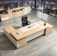 Escritorio Ejecutivo Moderno de Lujo con Almacenamiento, Escritorio Gerencial en Forma de L de Madera con Gabinete Lateral Blanco para Jefe