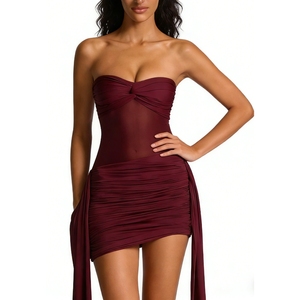 Vestido Mini Fruncido Sin Mangas para Mujer - Vestido de Malla con Corsé y Cola Lateral Drapeada, Ropa de Mujer, Moda - Product Image 4