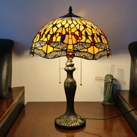 Lampu Meja Gaya Eropa 16'' Desain Kaca Patri Capung dengan Alas Resin, Lampu LED DC Ramah Mata untuk Ruang Belajar, Ruang Makan, Ruang Tamu