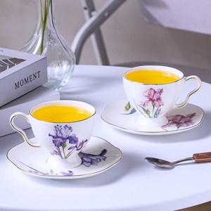 <b>Bone</b> <b>China</b> Iris Cup and Saucer <b>Set</b> Gold Rim - French Country Style Afternoon <b>Tea</b> Coffee Cup - Product Image 1