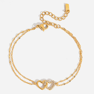 Bracelet double anneau en forme de cœur en alliage de zinc avec strass sertis clos, bijou cadeau - Product Image 1