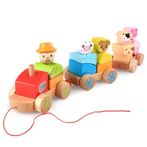 어린이 나무 트레일러 농장 동물 세 캐리지 작은 기차 유아 조기 교육 학습 장난감