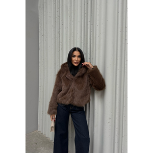 Abrigo corto de piel de zorro teñido de marrón con capucha, parka de lana con cierre de cremallera, chaqueta tejida con relleno de algodón color camel, blazer con botones y estampado. - Product Image 1