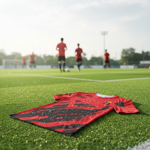 Camiseta de fútbol con estampado de transferencia térmica al por mayor, diseño rojo y negro, transpirable, 100% poliéster, nombre de equipo personalizado - Product Image 3